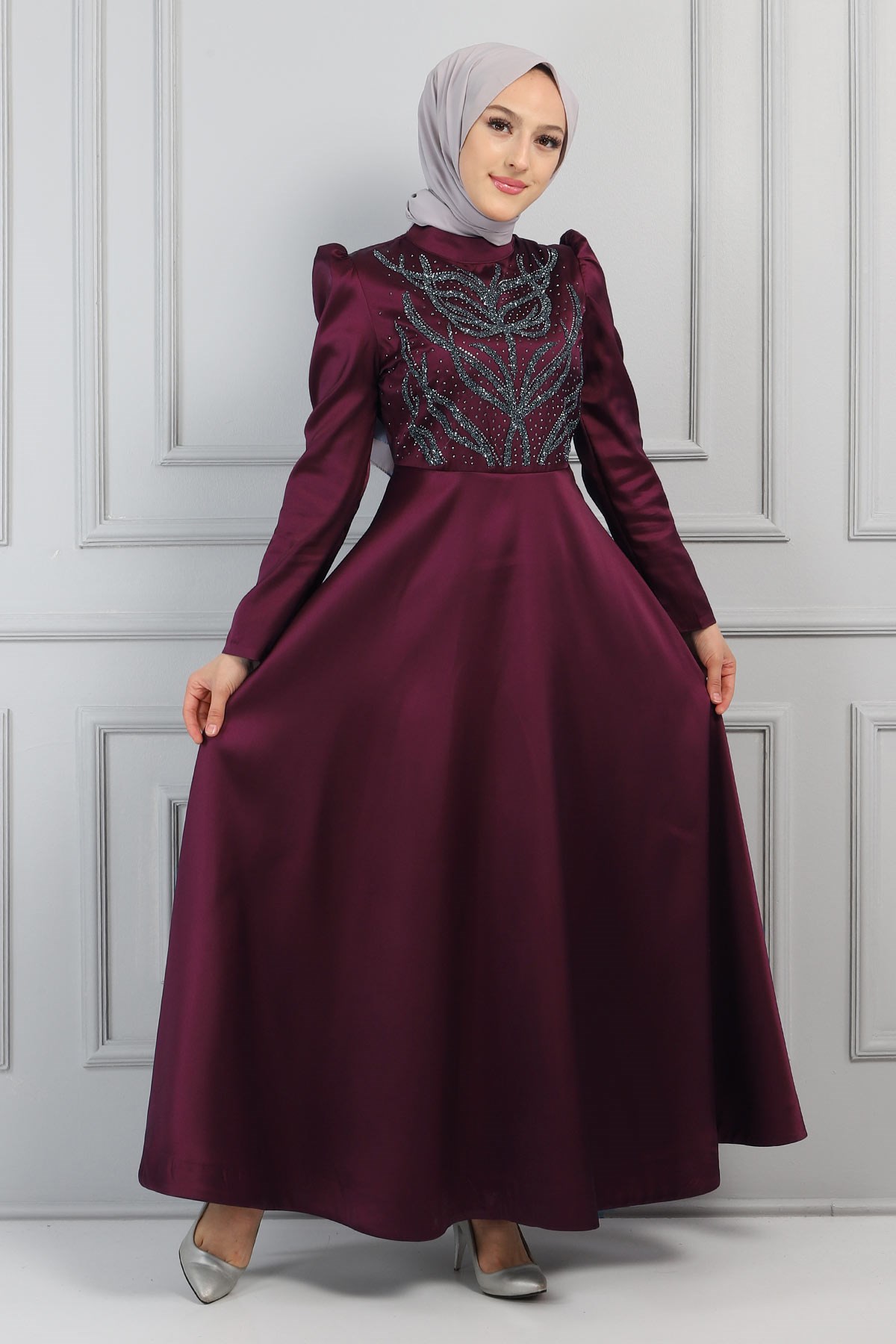 Taşlı Saten Abiye Mürdüm 11401