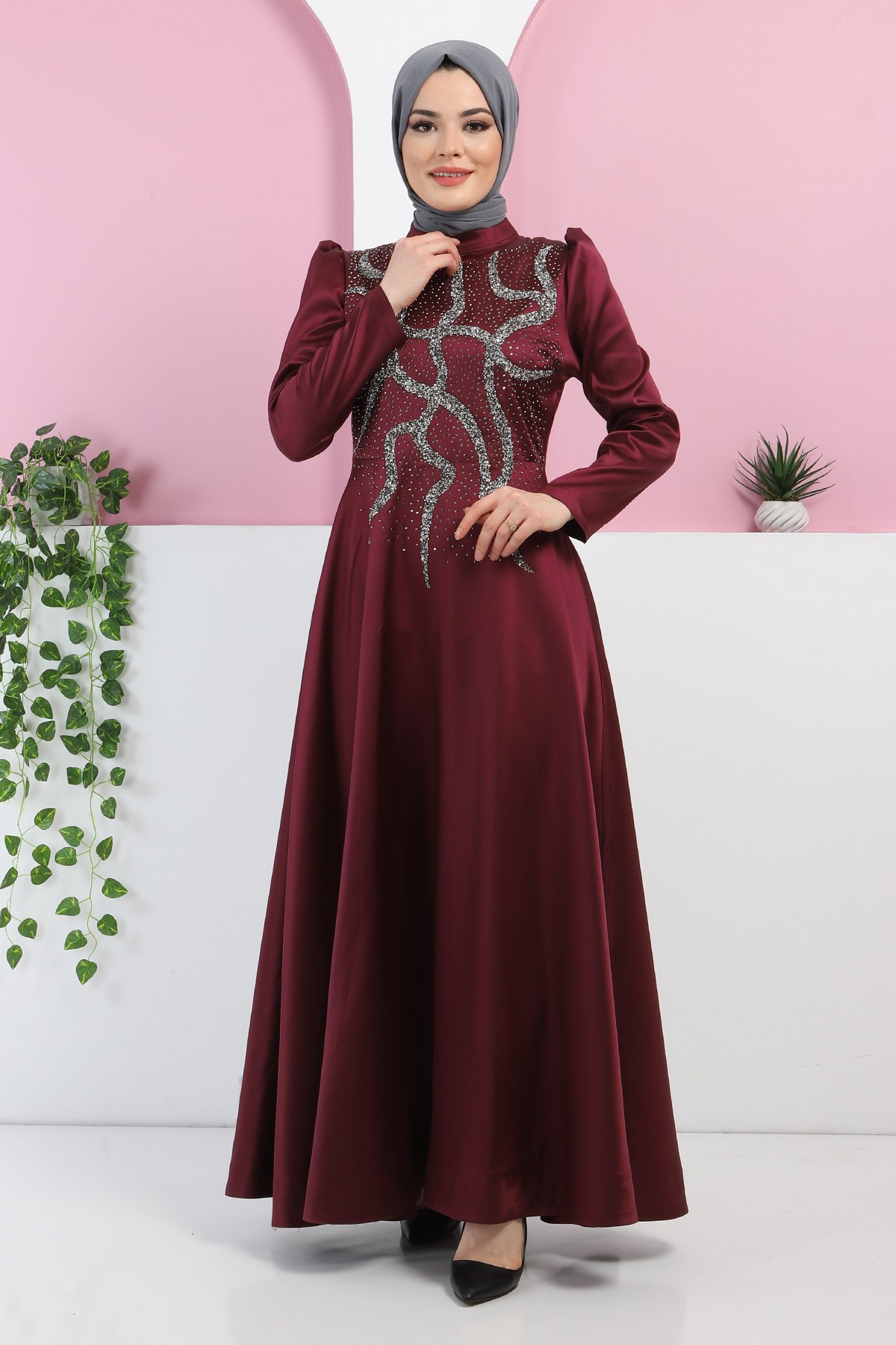 Taşlı Saten Abiye Mürdüm 11402