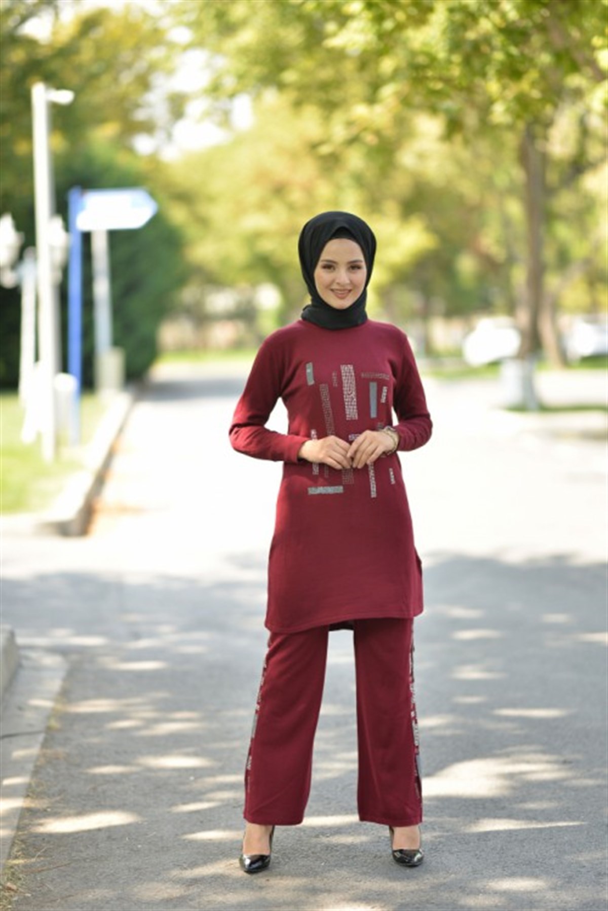 Taşlı Triko Kombin Bordo Bordo 2274-1