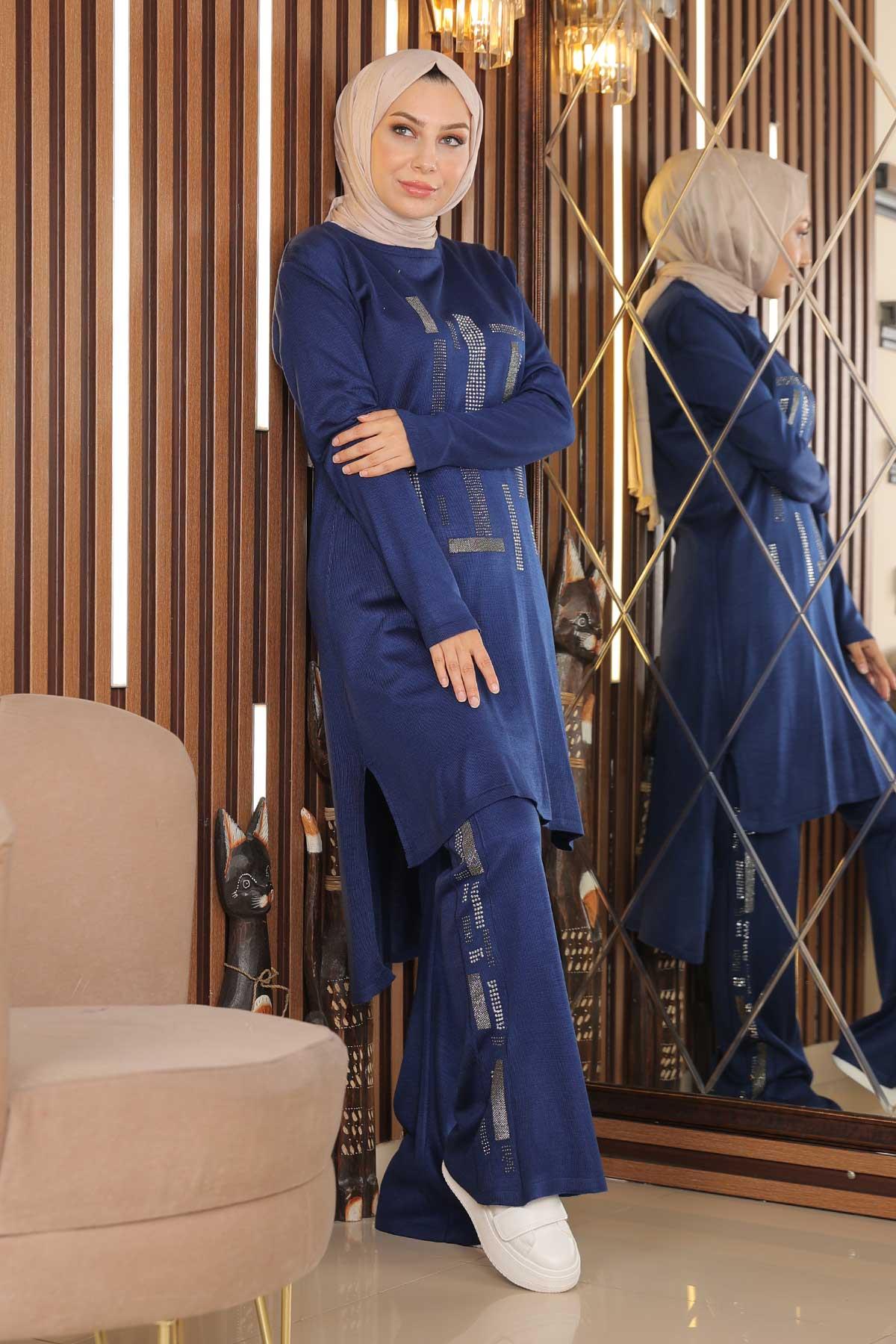 Taşlı Triko Kombin Saks 2274-5
