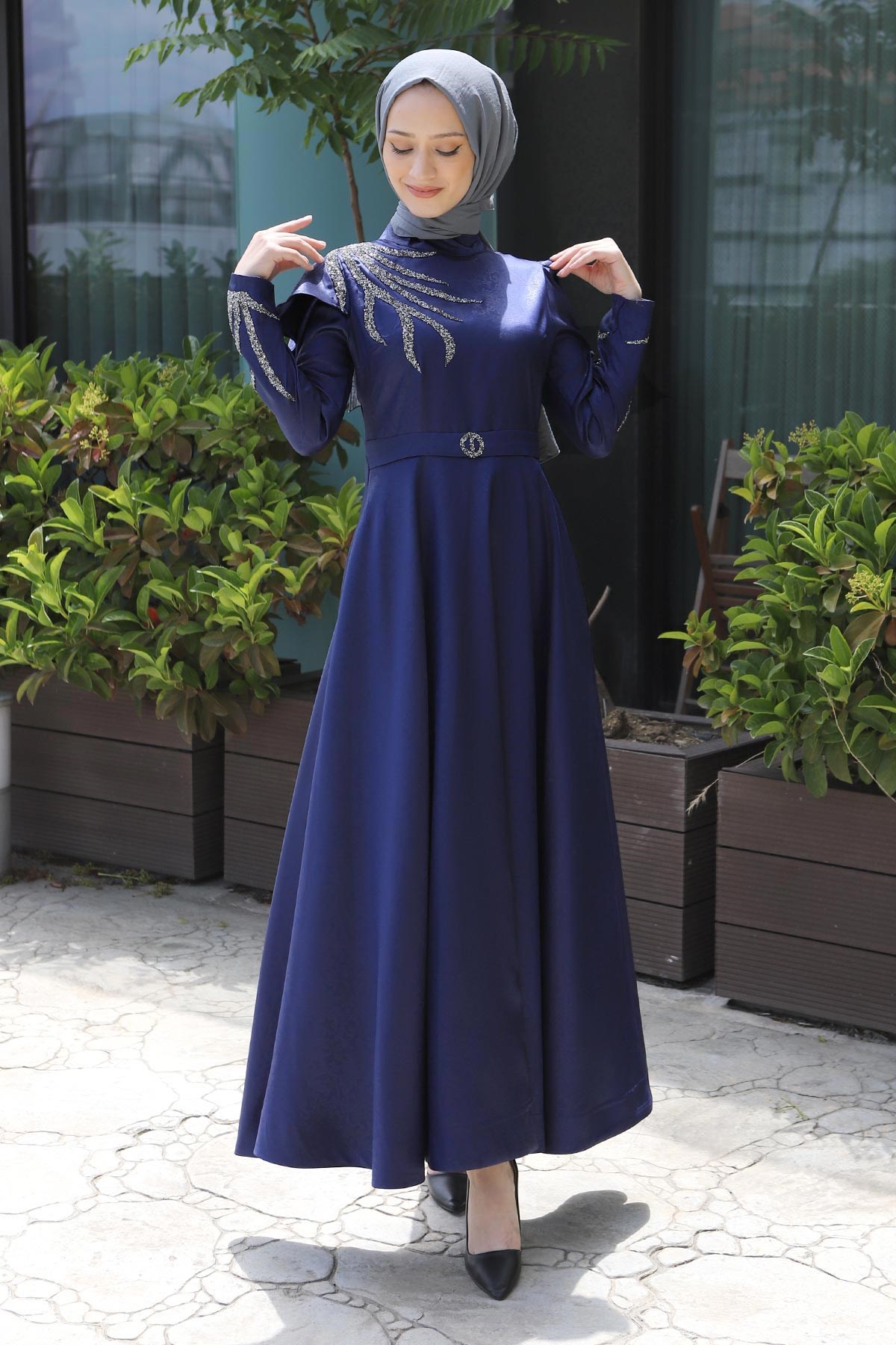 Taşlı Yakma Desenli Abiye İndigo 11403
