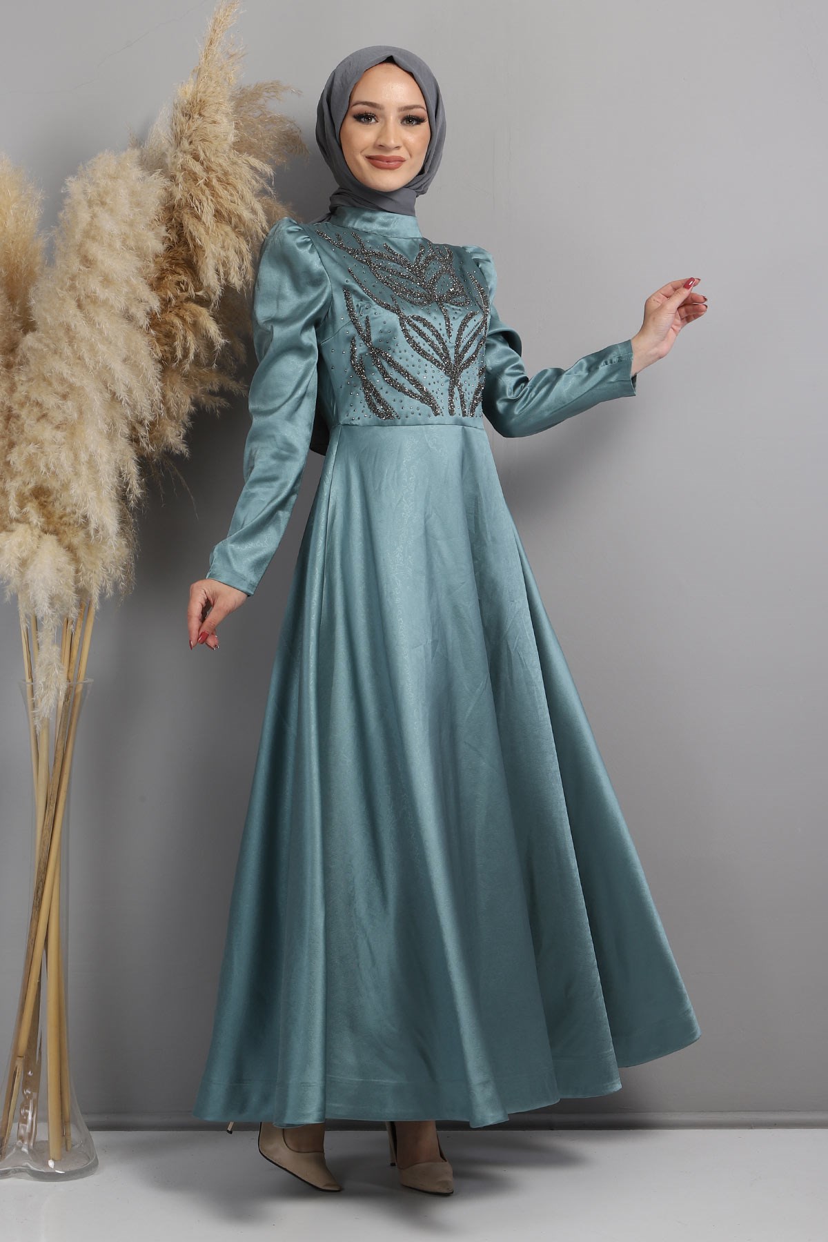 Taşlı Yakma Desenli Abiye Mint 11404