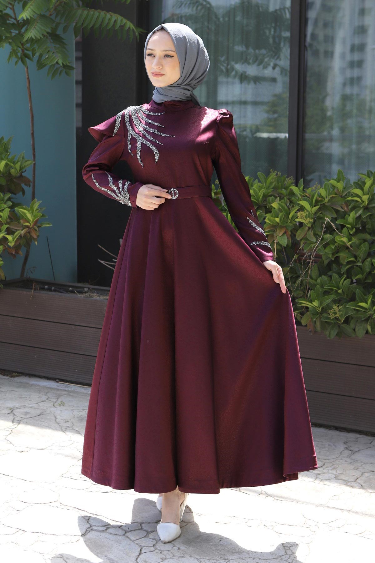 Taşlı Yakma Desenli Abiye Mürdüm 11403