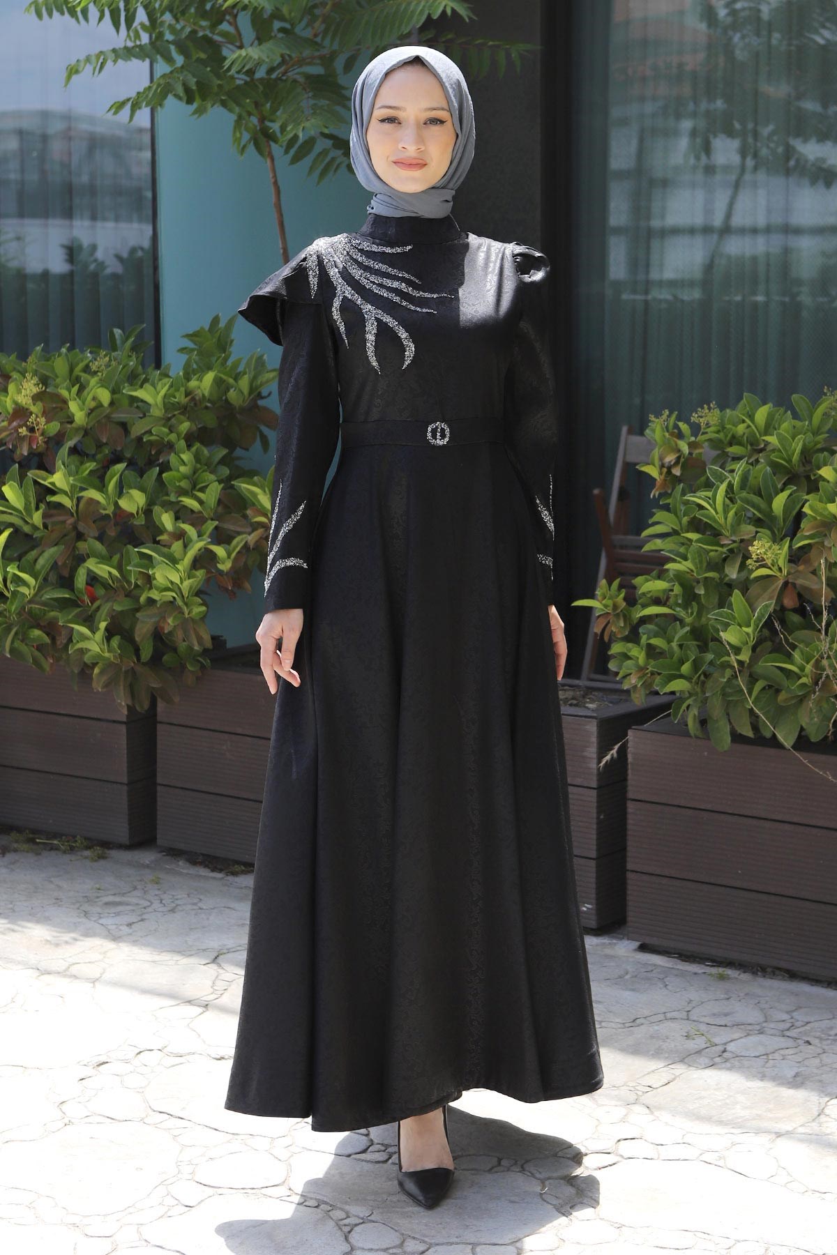 Taşlı Yakma Desenli Abiye Siyah 11403