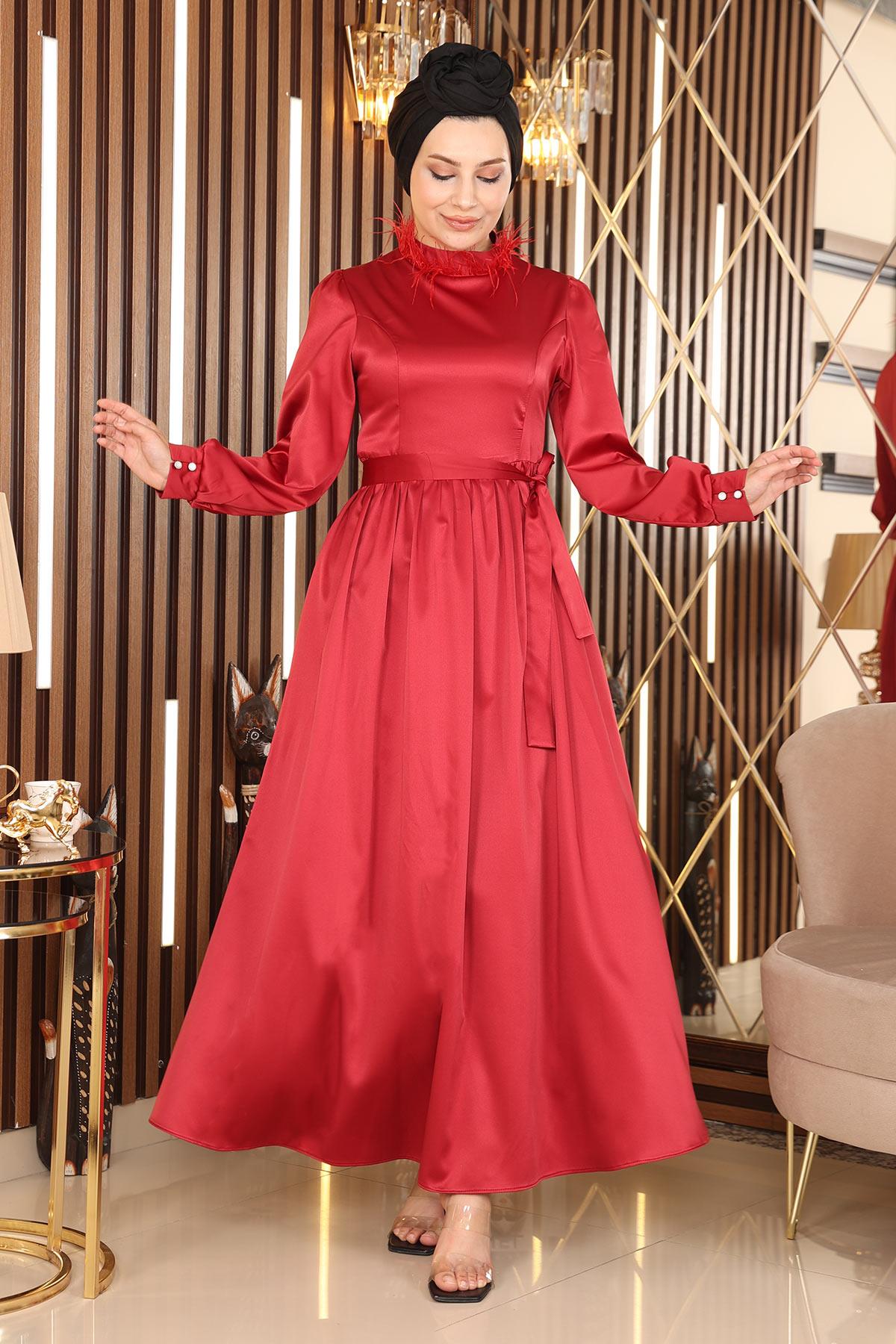 Tüy Detaylı Saten Abiye Kırmızı 19123