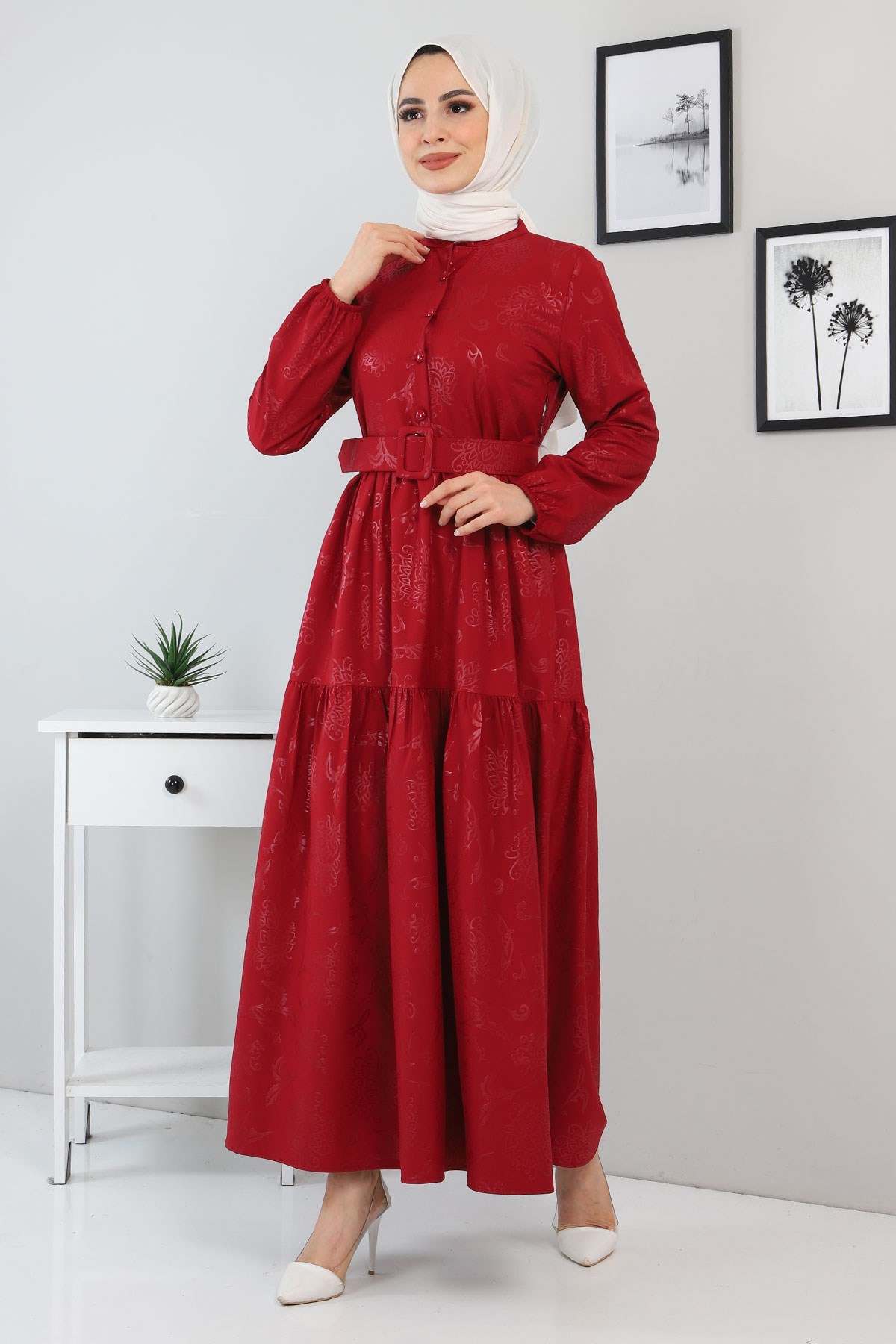 Yakma Desenli Fırfırlı Elbise Bordo 11800