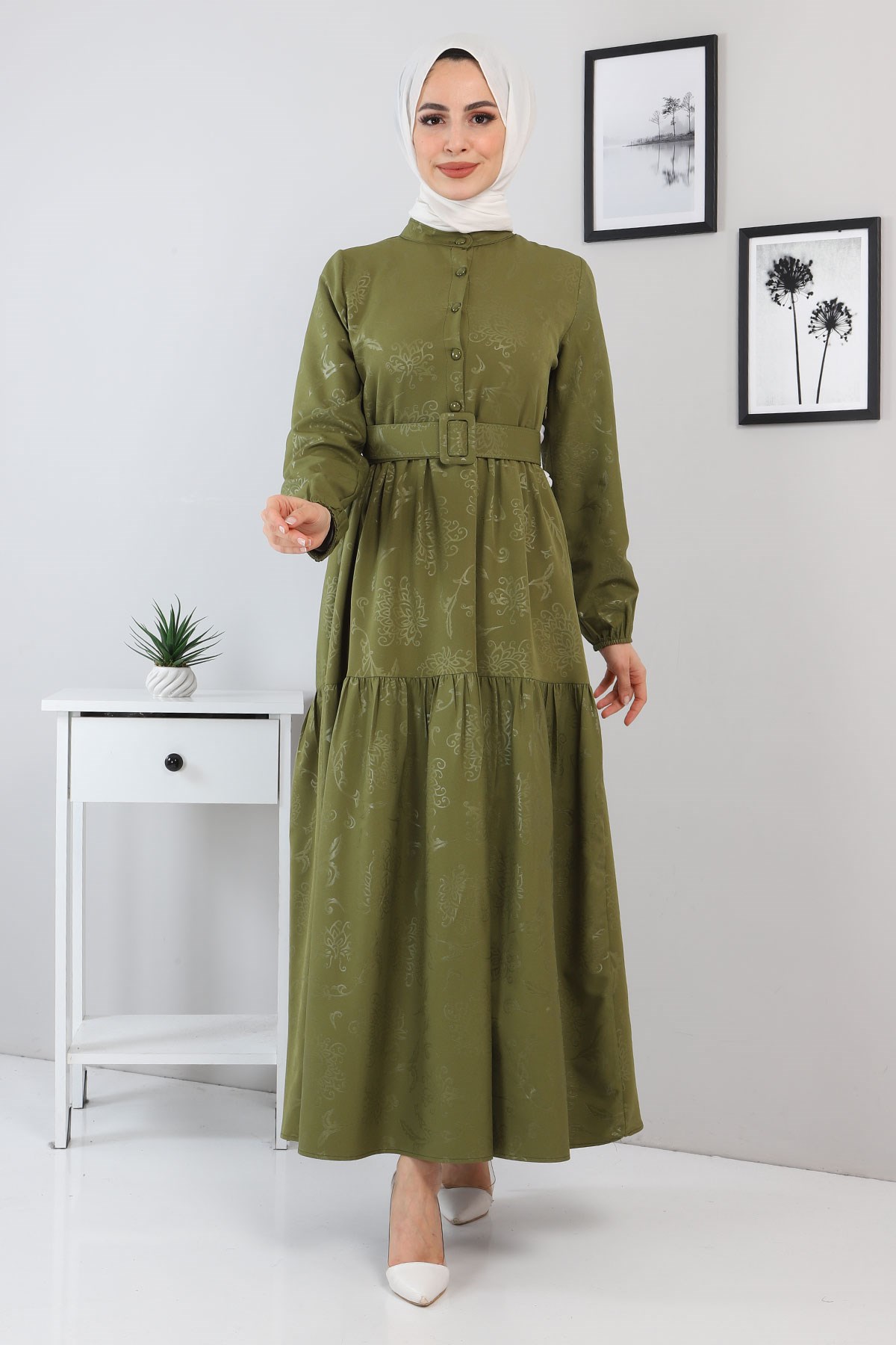 Yakma Desenli Fırfırlı Elbise Haki 11800