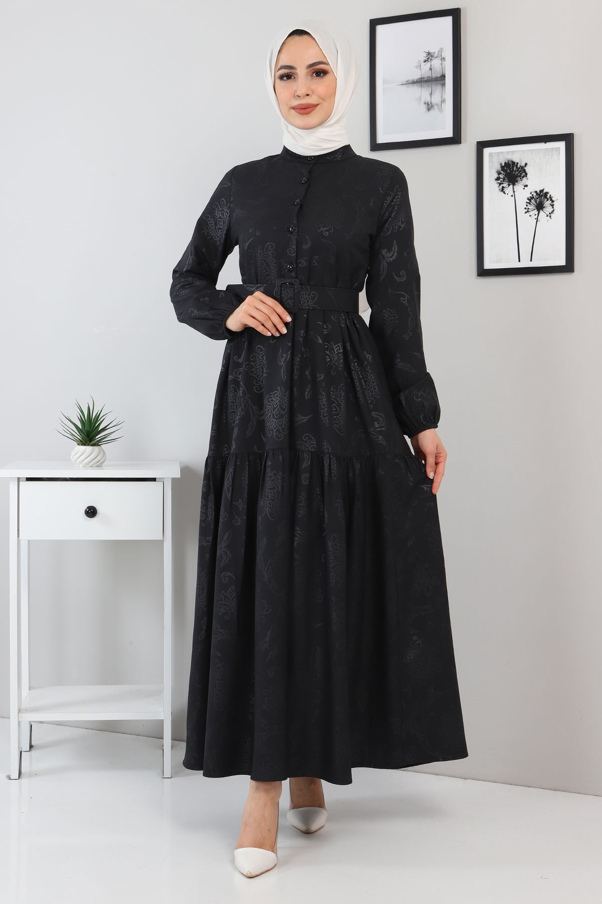 Yakma Desenli Fırfırlı Elbise Siyah 11800