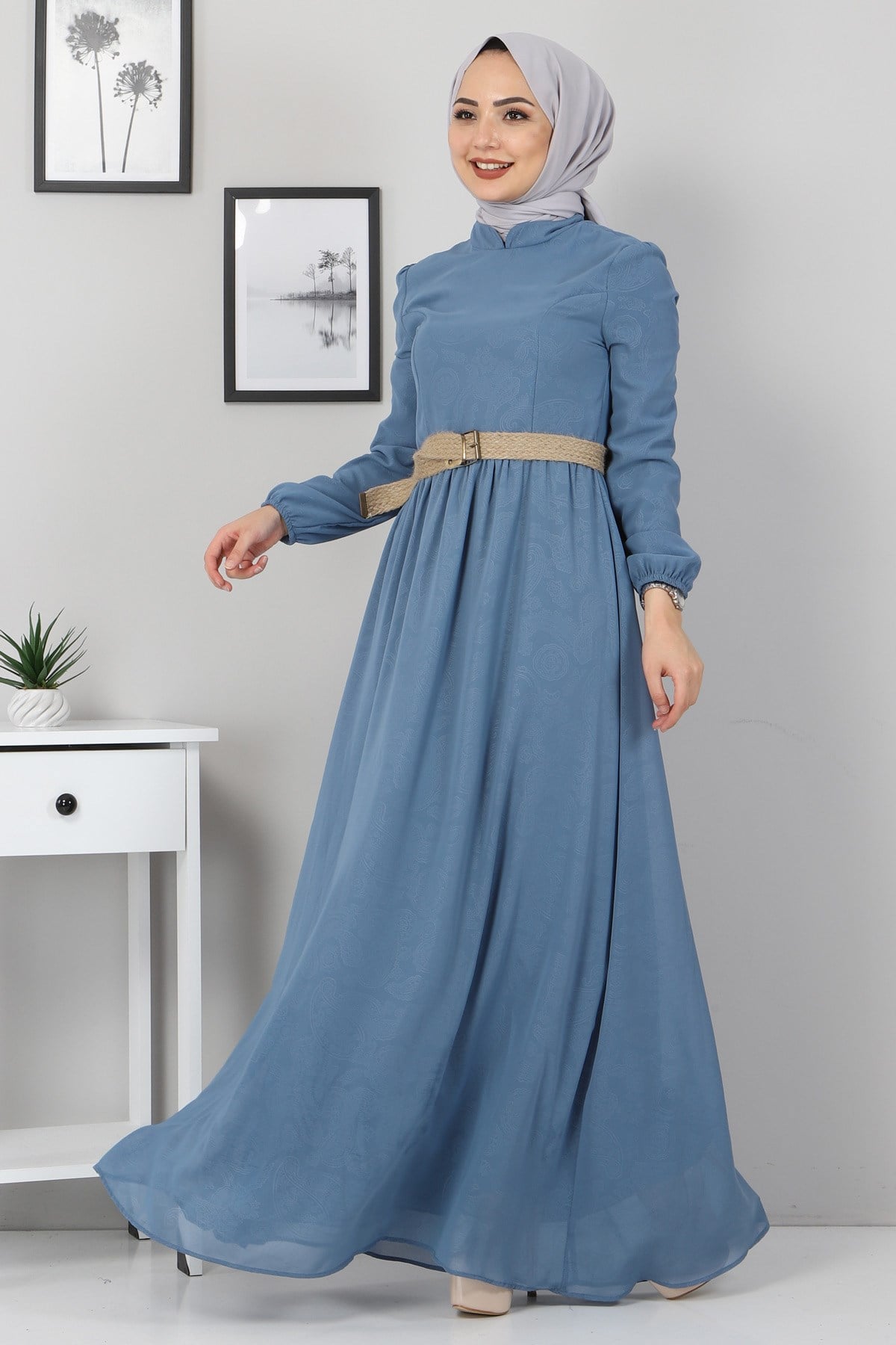Yakma Desenli Şifon Anne Abiye Mavi 10118