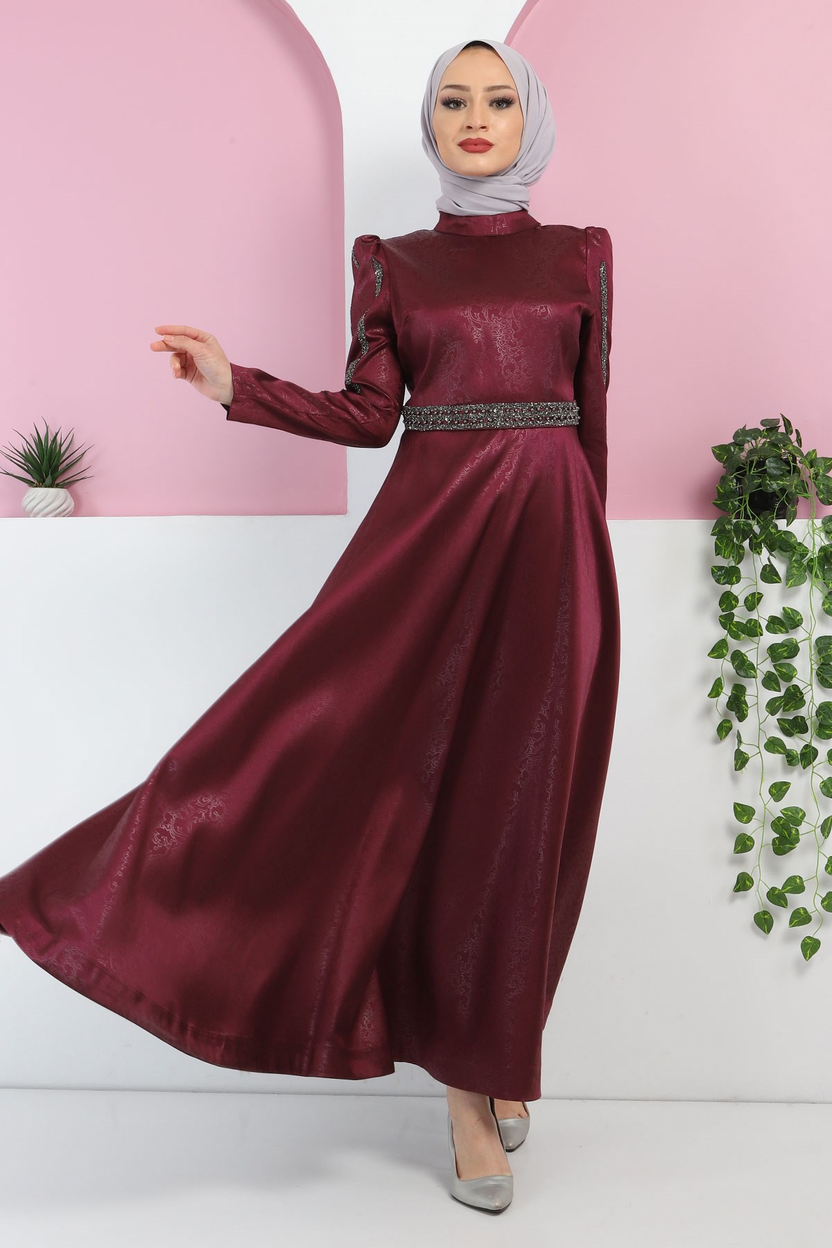 Yakma Desenli Taşlı Abiye Mürdüm 10421