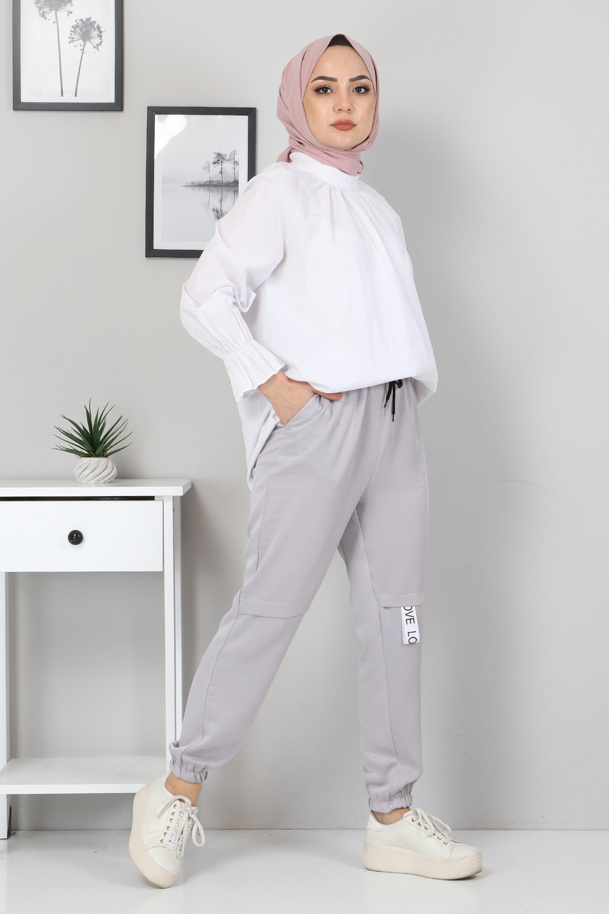 Yazı Detaylı Lastikli Pantolon Gri 10796