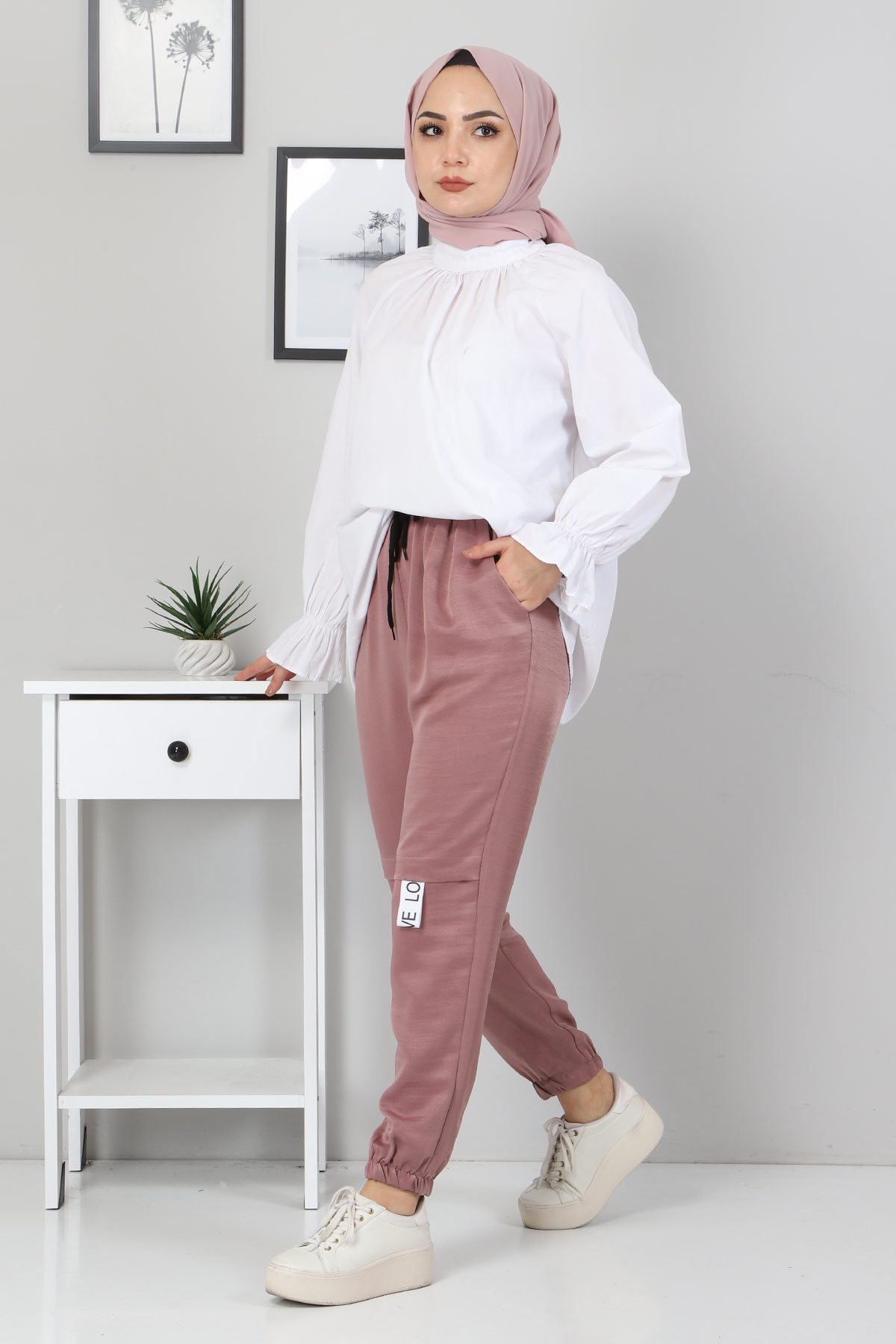 Yazı Detaylı Lastikli Pantolon Gül Kurusu 10796