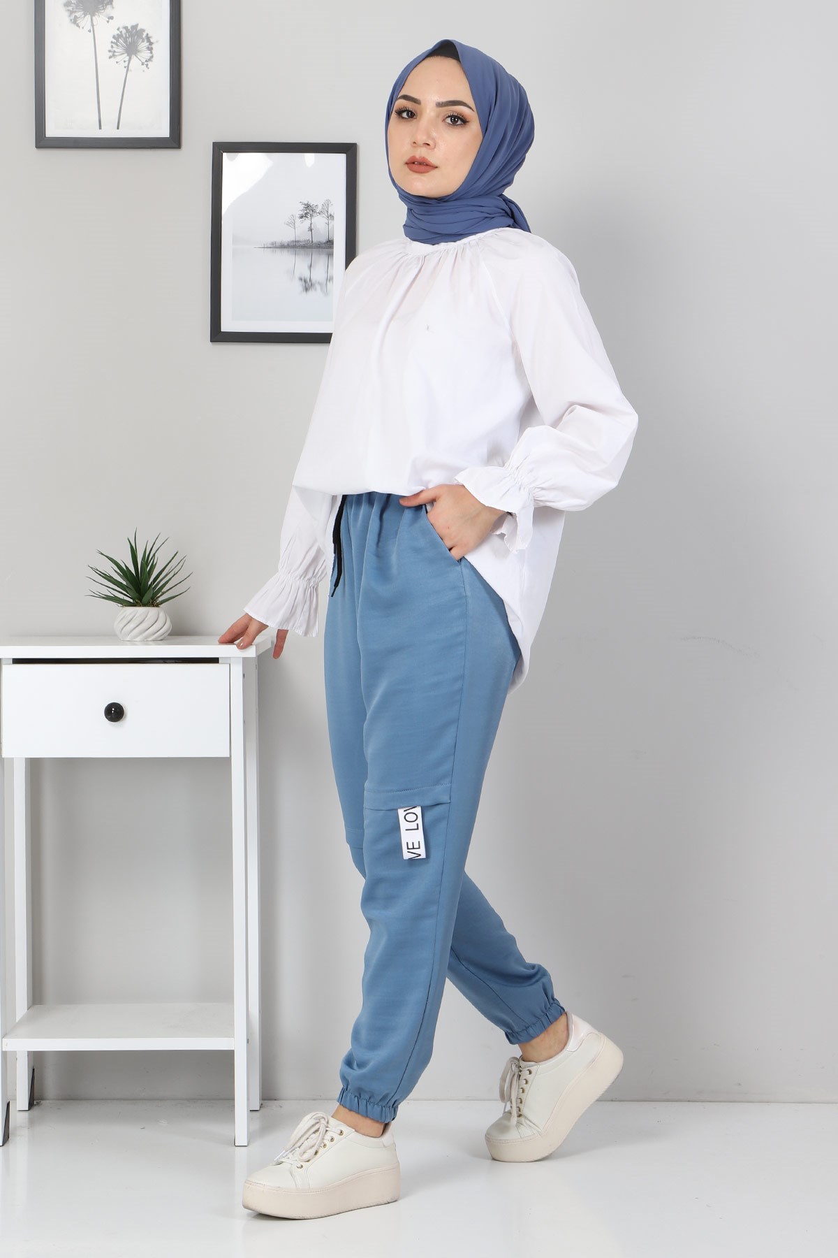 Yazı Detaylı Lastikli Pantolon Mavi 10796