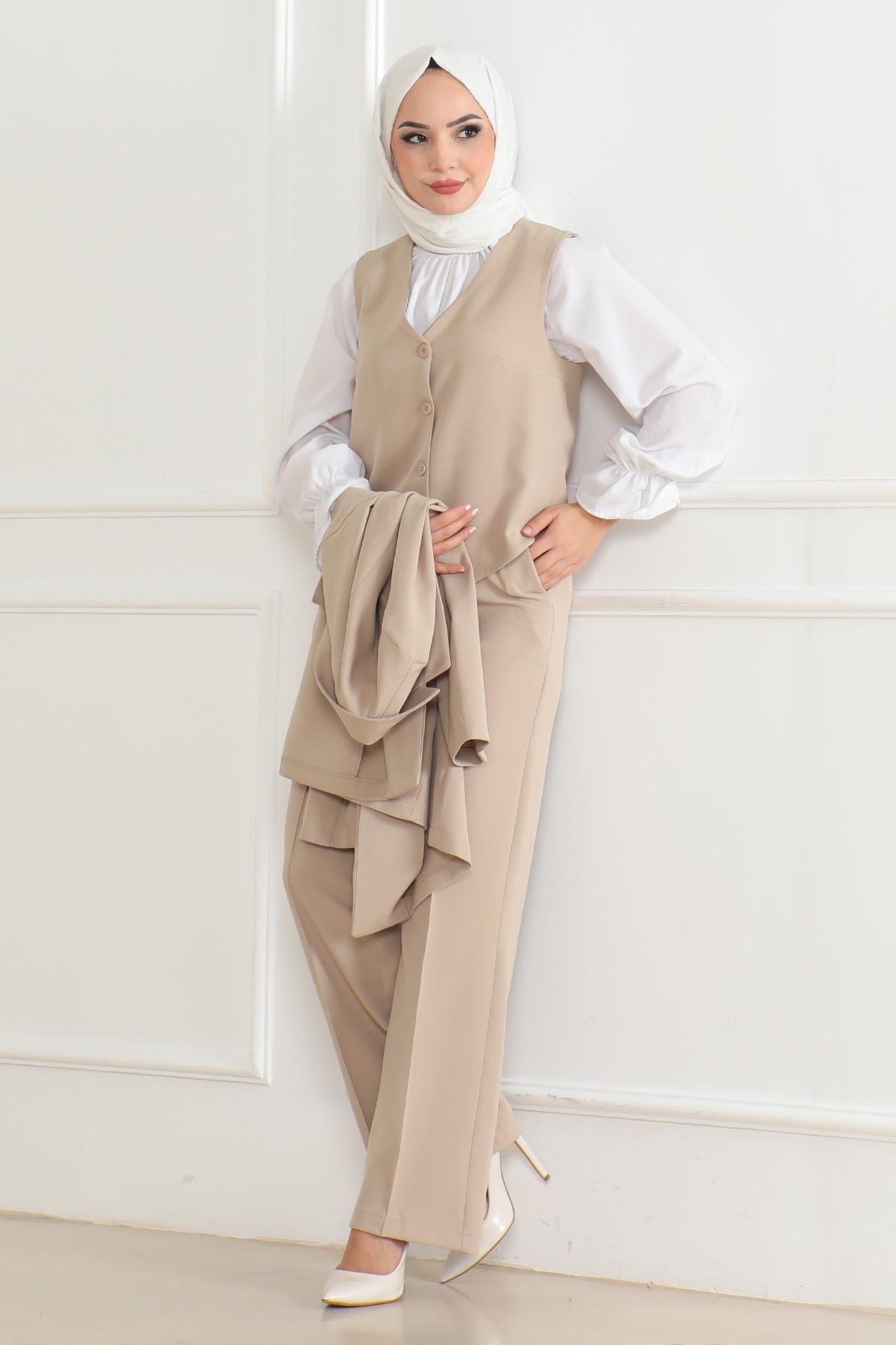 Yelekli Üçlü Takım Bej Bej MSW19222-4