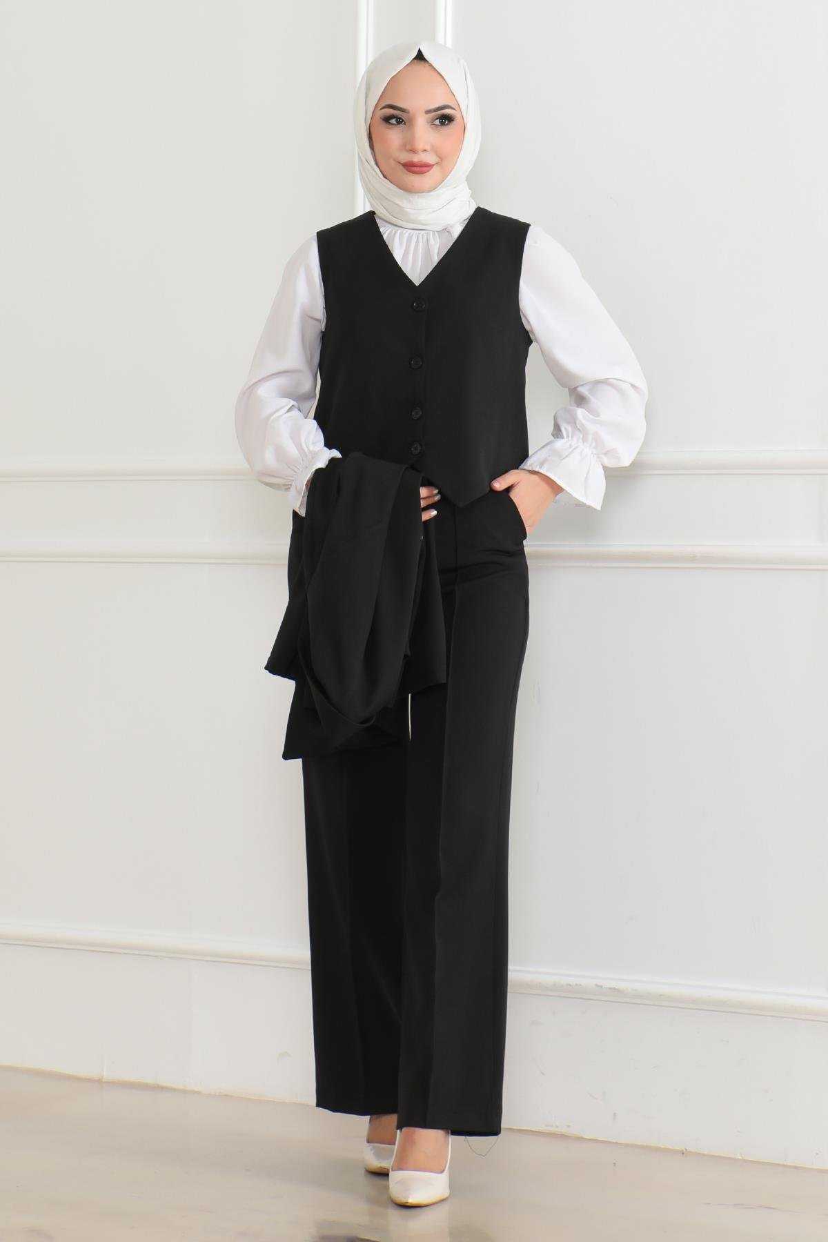 Yelekli Üçlü Takım Siyah Siyah MSW19222-1