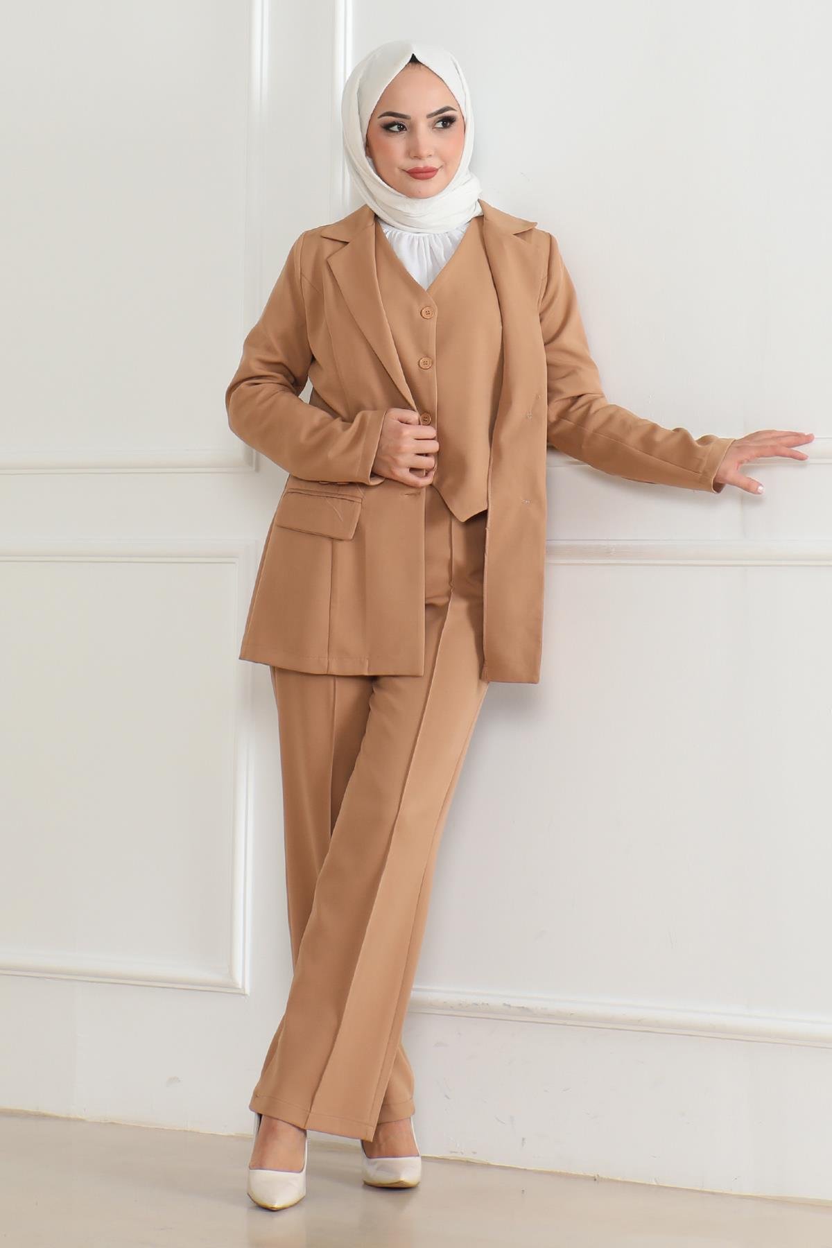 Yelekli Üçlü Takım Taba Taba MSW19222-6