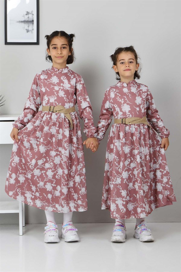 Çiçekli Çocuk Elbise Gül Kurusu 10025
