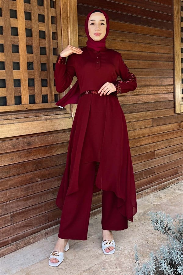Pulpayet Detaylı Tesettür  İkili Kombin Bordo Bordo 9561-3-38