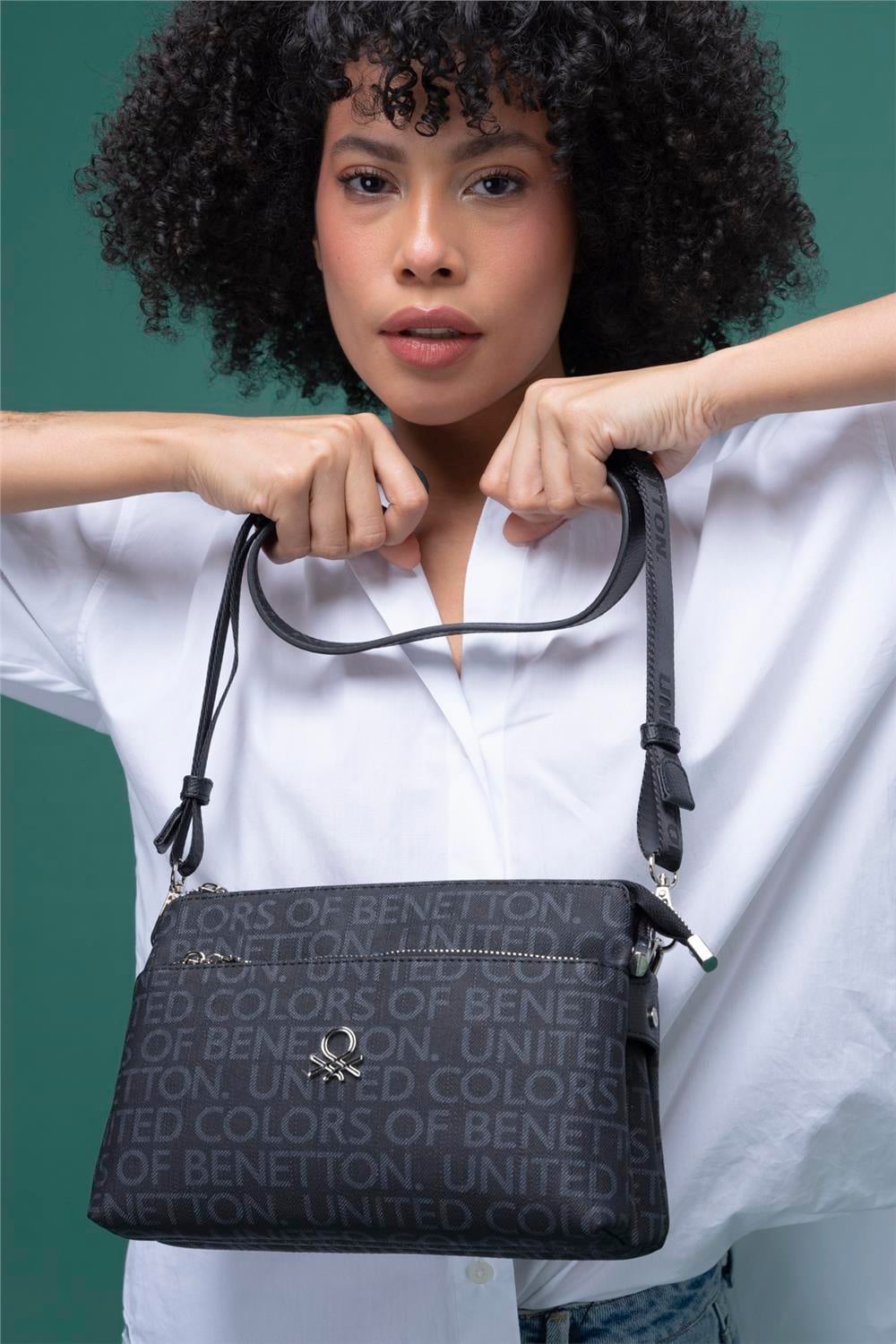 Benetton Siyah  Çapraz Kadın Eskitme Monogram Çanta BNT 1295