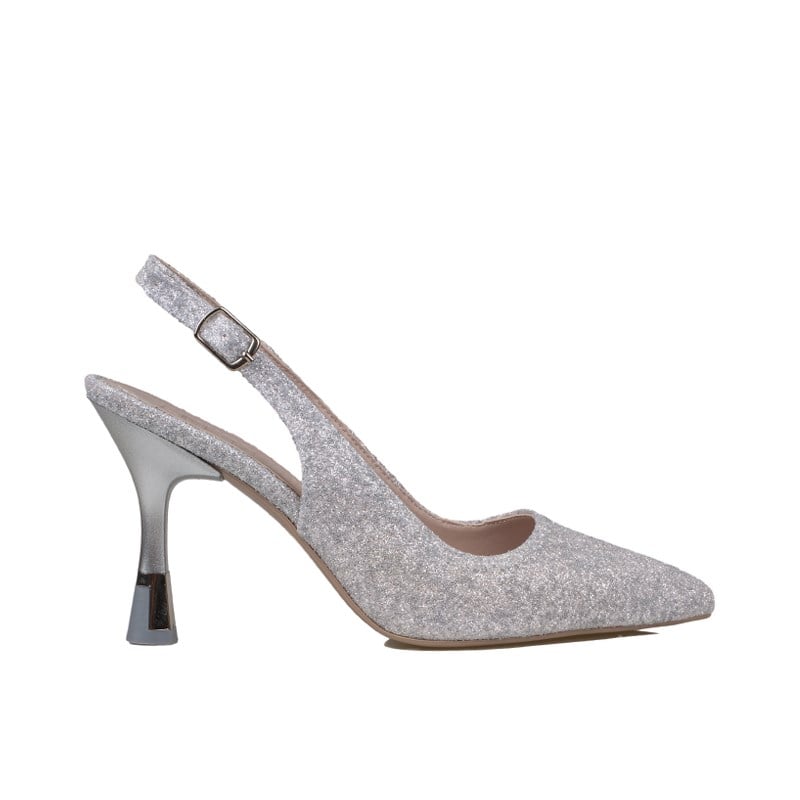 Trend Adımlar Gümüş  Kadın Simli Slingback Topuklu Ayakkabı