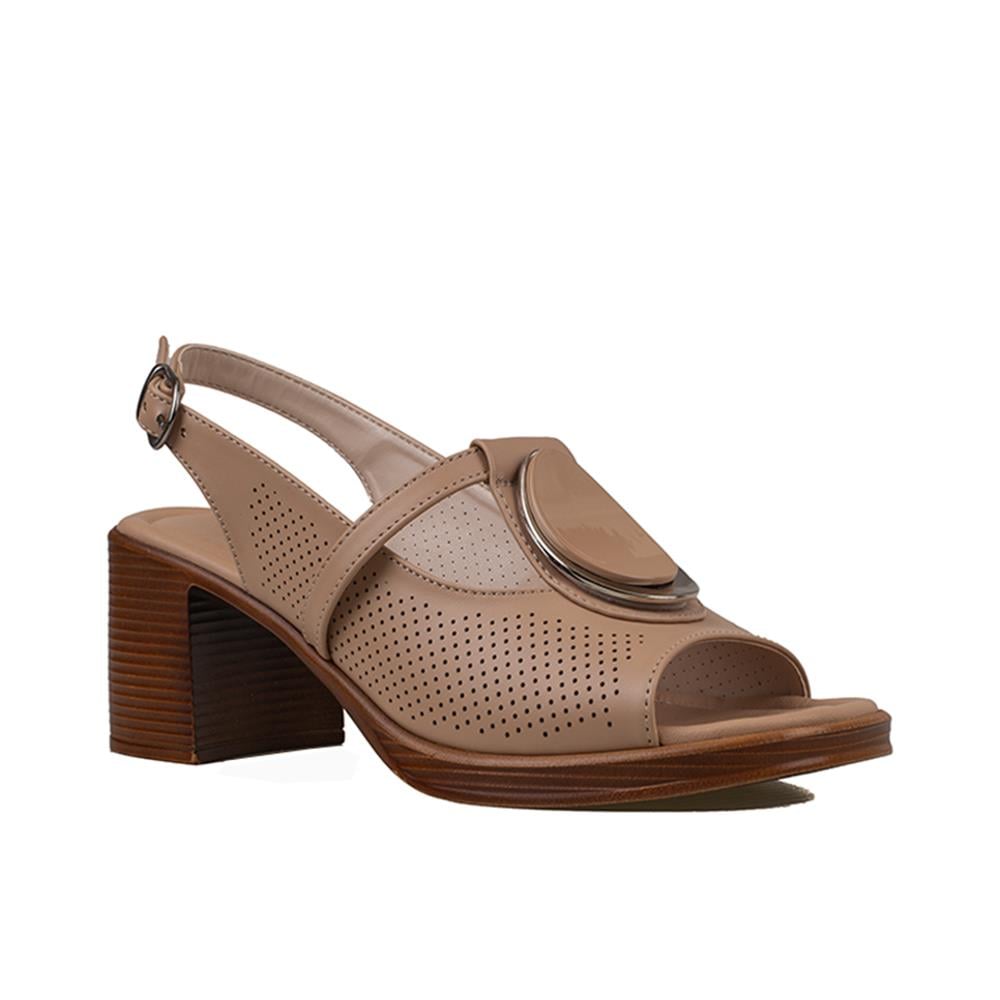 Trend Adımlar Kahverengi  Oval Glam Kadın Kalın Topuklu Casual Sandalet