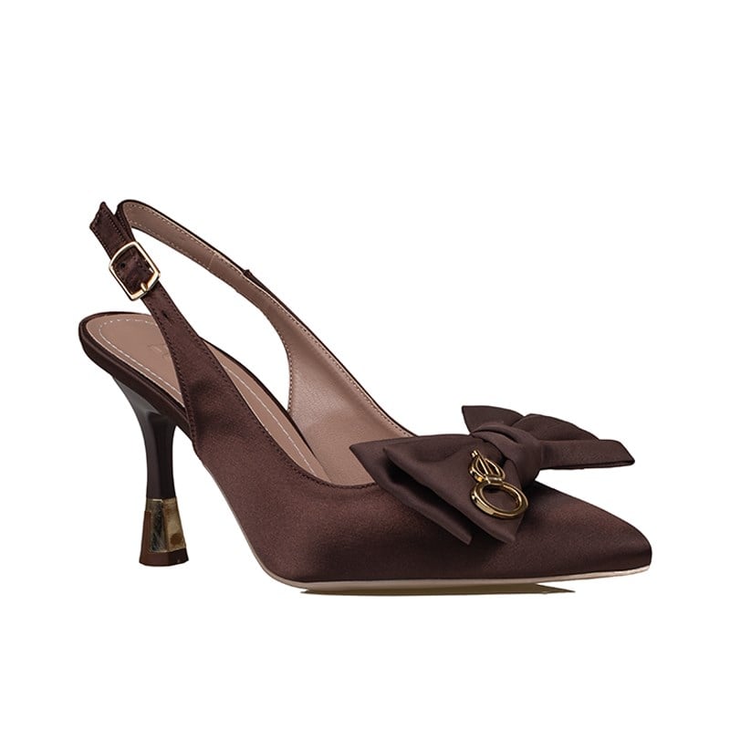 Trend Adımlar Kahverengi  Slingback Saten Kadın Fiyonk Detaylı Ayakkabı