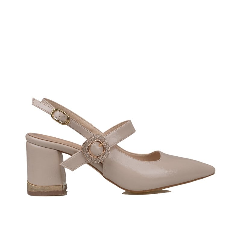 Trend Adımlar Krem  Kadın Slingback Topuklu Taş Tokalı Ayakkabı