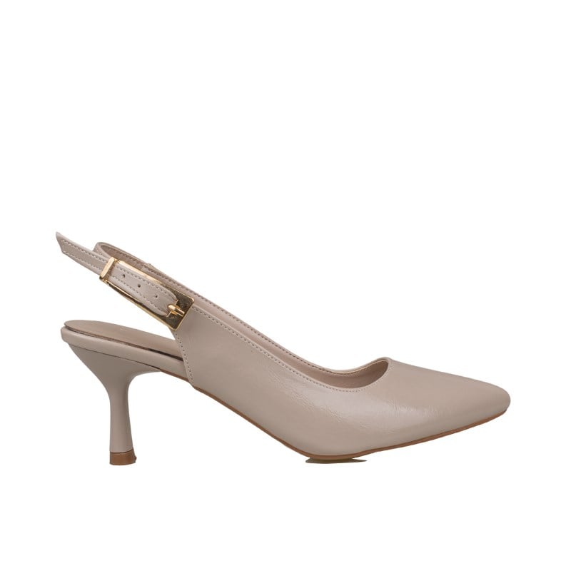 Trend Adımlar Krem  Kadın Topuklu Parlak Slingback Klasik Ayakkabı