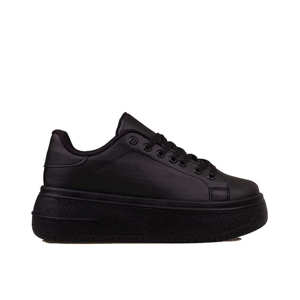 Trend Adımlar Siyah  Düz Kalın Taban Bağcıklı Kadın Sneaker