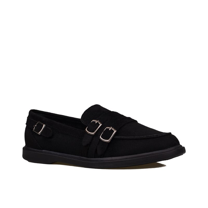 Trend Adımlar Siyah  Kadın Günlük Çift Tokalı Loafer Süet Ayakkabı