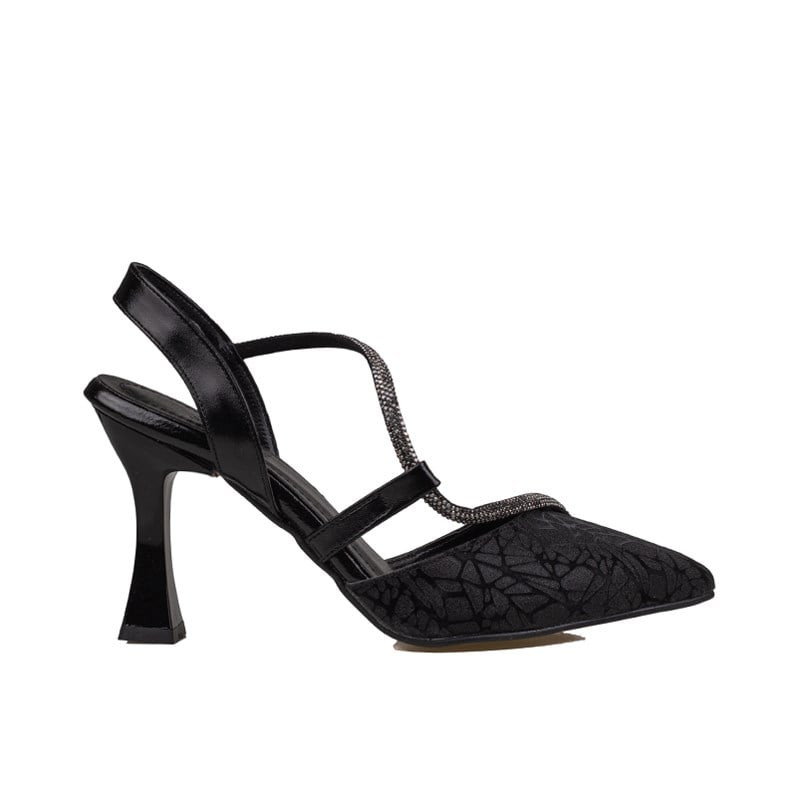 Trend Adımlar Siyah  Kadın Taş Detaylı Slingback Abiye Ayakkabı