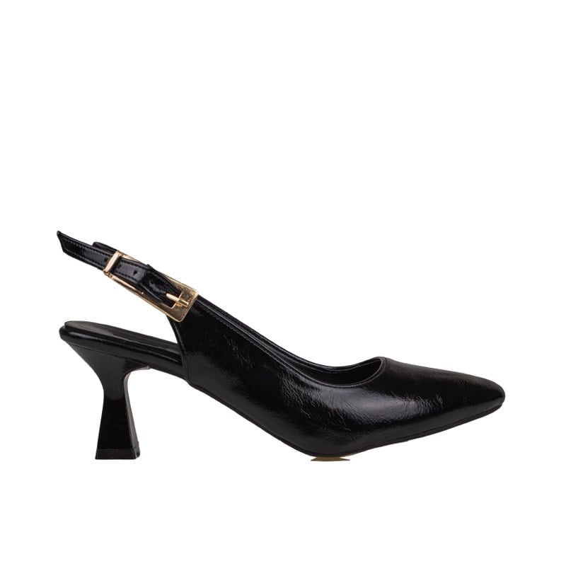 Trend Adımlar Siyah  Kadın Topuklu Parlak Slingback Klasik Ayakkabı