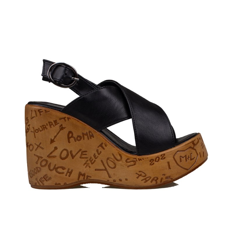 Trend Adımlar Siyah Mat  Kadın Çapraz Bantlı Dolgu Topuk Sandalet