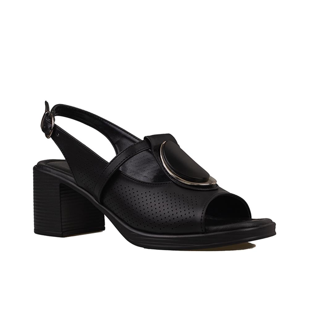 Trend Adımlar Siyah  Oval Glam Kadın Kalın Topuklu Casual Sandalet