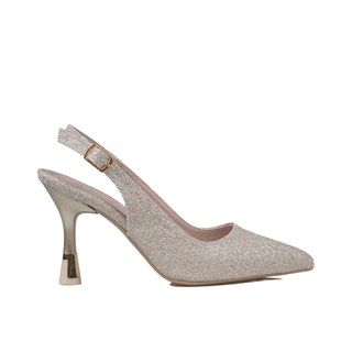 Trend Adımlar Gold  Kadın Simli Slingback Topuklu Ayakkabı