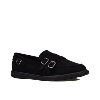 Trend Adımlar Siyah  Kadın Günlük Çift Tokalı Loafer Süet Ayakkabı