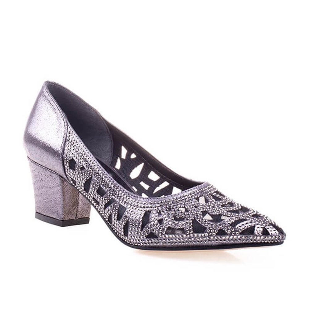 M2S Platin Kadın 5cm Transparan Taşlı Klasik Ayakkabı