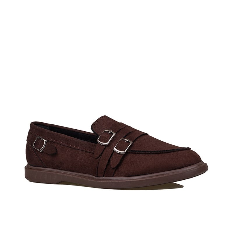 Trend Adımlar Kahverengi  Kadın Günlük Çift Tokalı Loafer Süet Ayakkabı