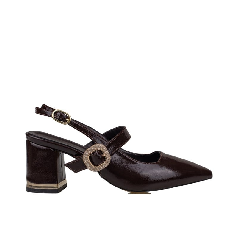 Trend Adımlar Kahverengi  Kadın Slingback Topuklu Taş Tokalı Ayakkabı