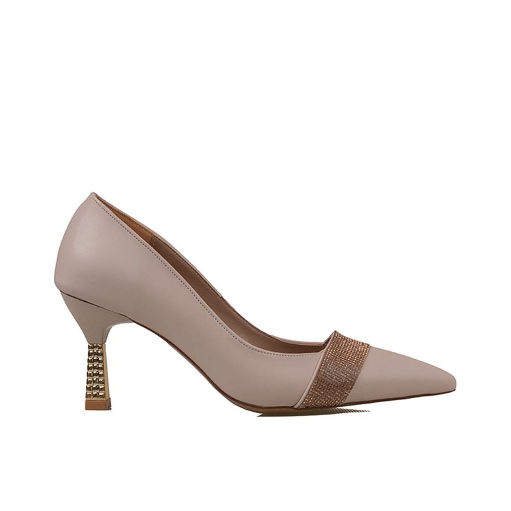 Trend Adımlar Krem  Elit Deri Üzeri Taş İşlemeli Kadın Klasik Ayakkabı