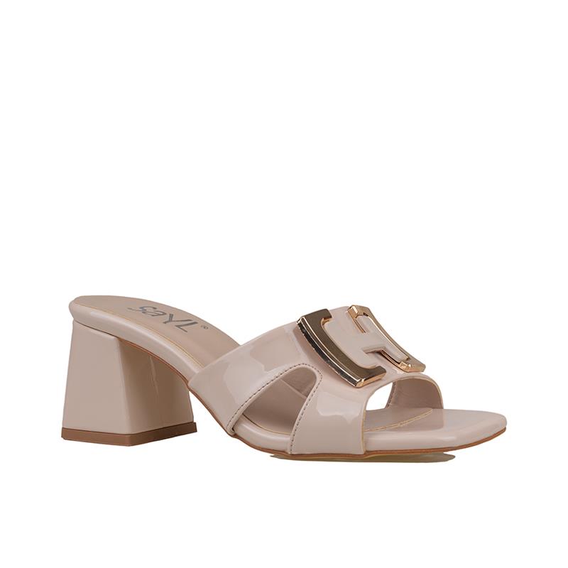 Trend Adımlar Krem  Hanoda Rugan Kalın Topuk Kadın Klasik Terlik