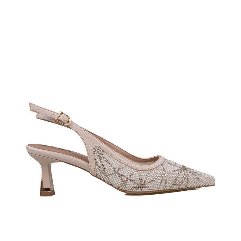 Trend Adımlar Krem  Kadın Kısa Topuk Slingback Şık Gece Ayakkabısı