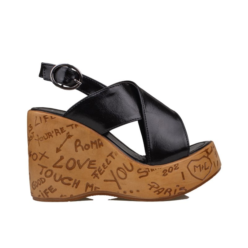 Trend Adımlar Siyah  Kadın Çapraz Bantlı Dolgu Topuk Sandalet