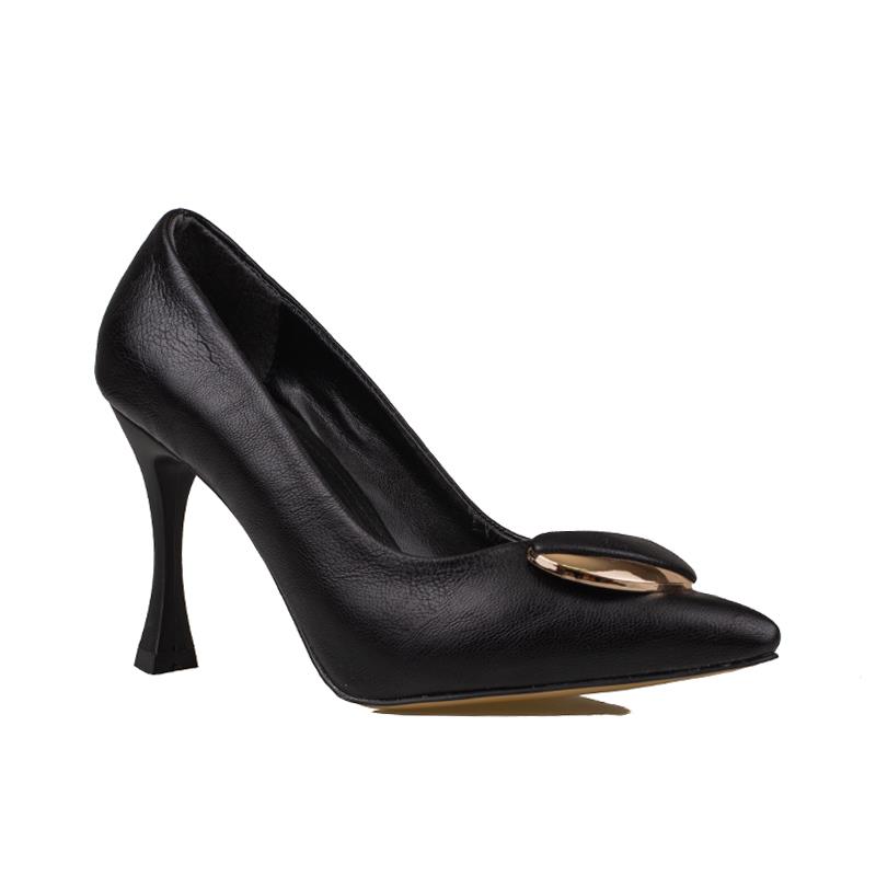 Trend Adımlar Siyah  Kadın Suni Deri Tokalı Stiletto