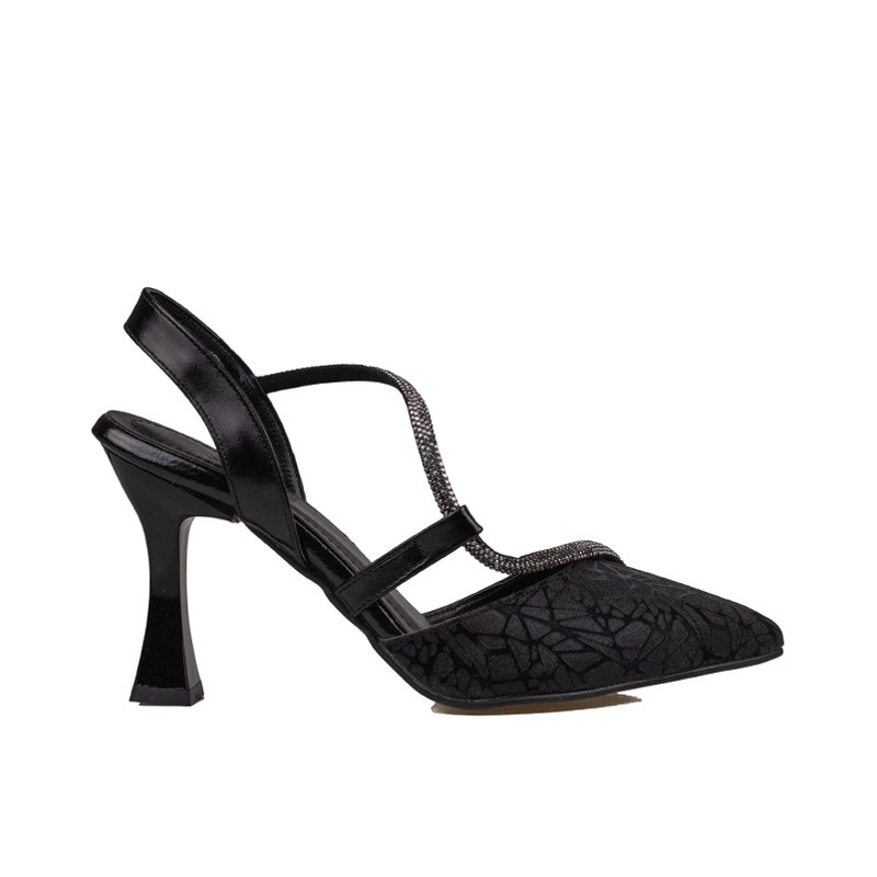 Trend Adımlar Siyah  Kadın Taş Detaylı Slingback Abiye Ayakkabı