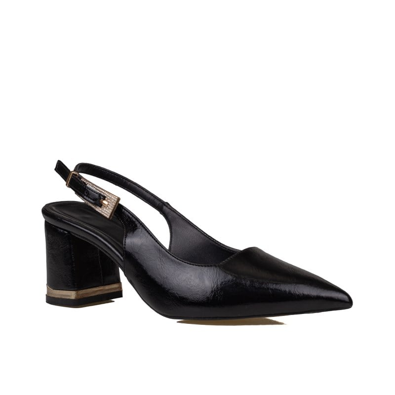 Trend Adımlar Siyah  Kadın Tokalı Slingback Parlak Klasik Ayakkabı