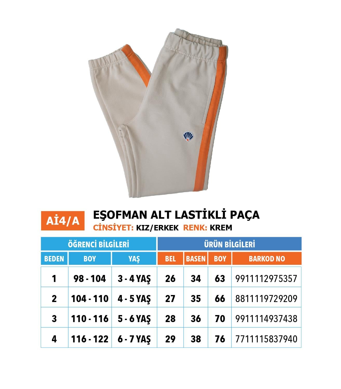 Ana-İlk Eşofman Alt/ Krem Trncu/ Lastikli Paça