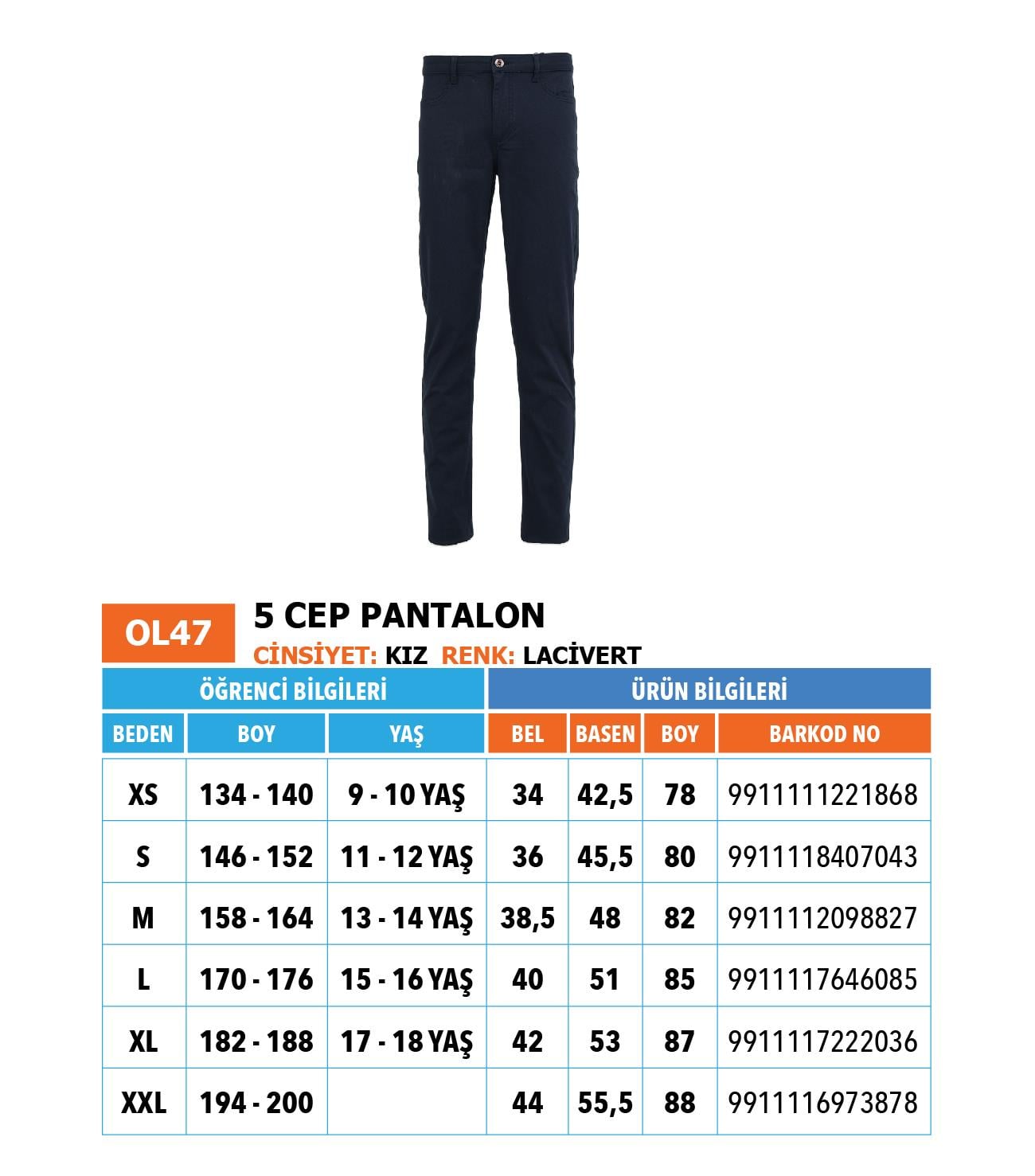 OO/Lise Kız/ Pantolon (5 cep)/ Lacivert