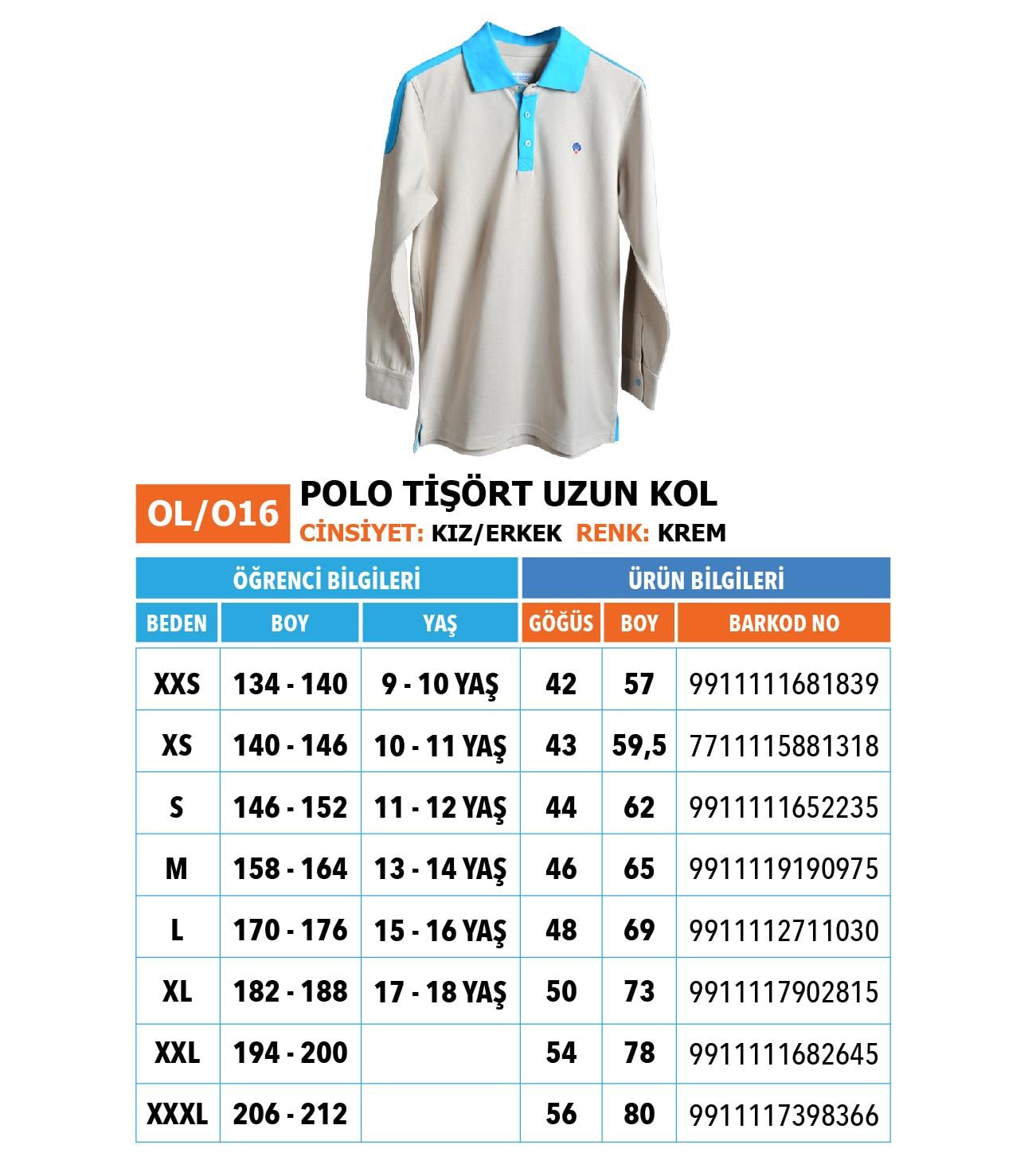 OO/Lise Polo Tişört UzunKol/ Krem Mavi Yaka
