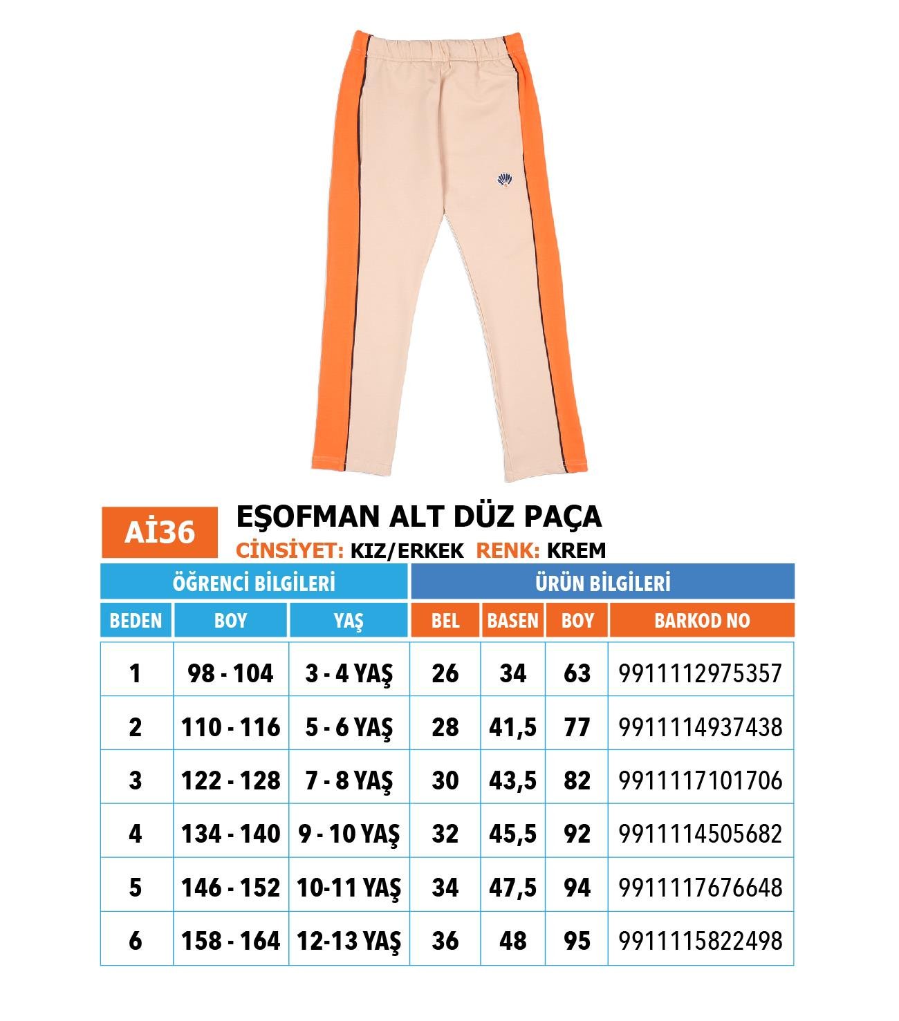 Ana-İlk Eşofman Alt/ Krem Trncu/ Düz Paça